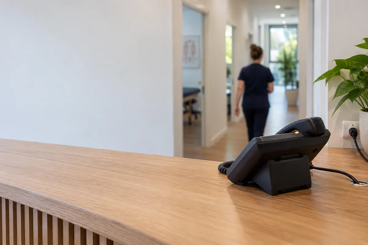 A phone rings at an unattended physiotherapy reception counter.