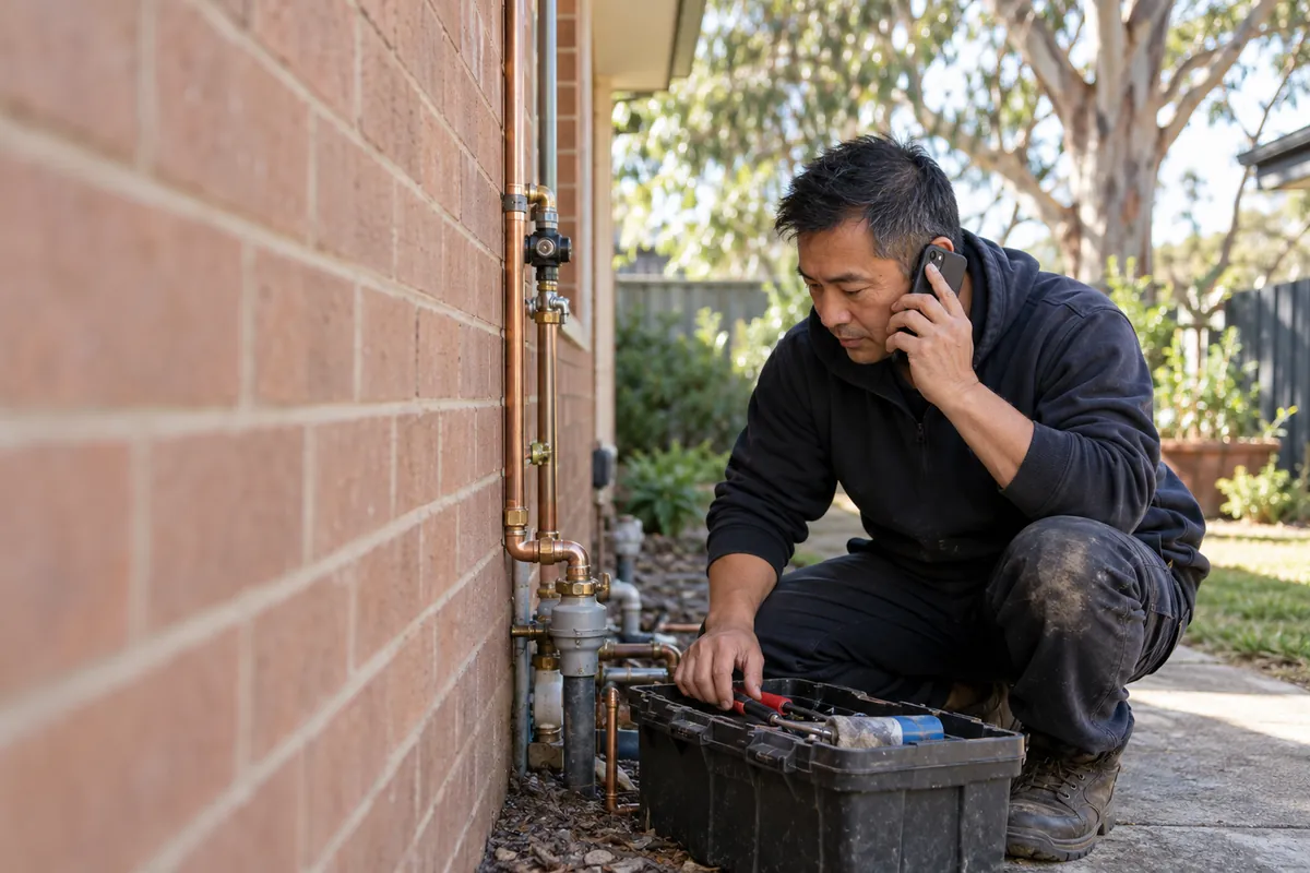 A plumber answers a call beside the pipes at a suburban house.