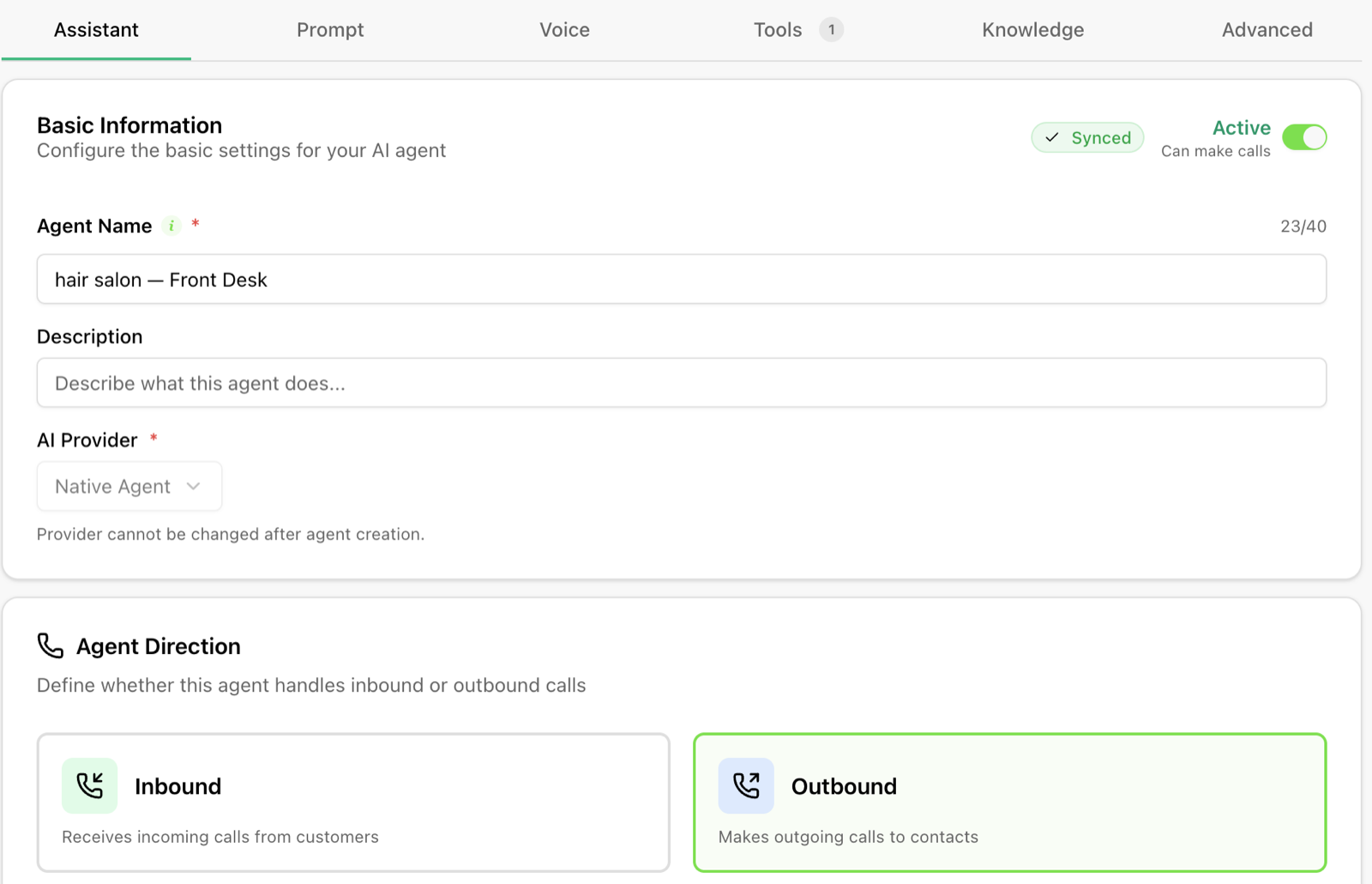 Example: agent settings screen